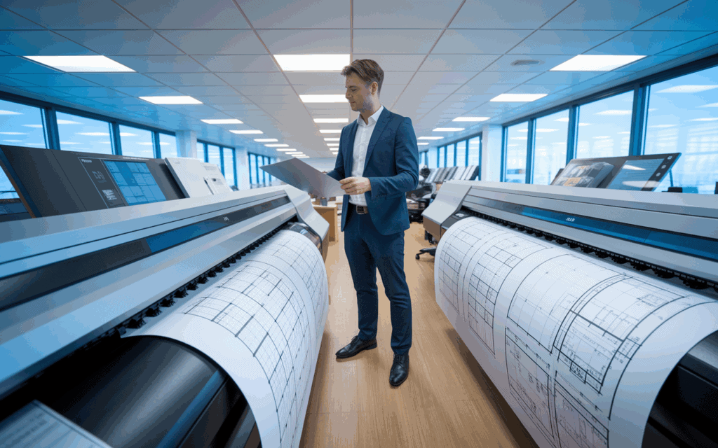 engineer in an office environment sending digital plans to a large-format printer